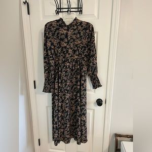 Black flower, high neck, long sleeve dress